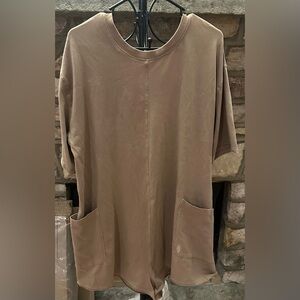 (NWT) Free People Mocha Latte Oversized Tunic Mini Dress Pocket Tee Size L